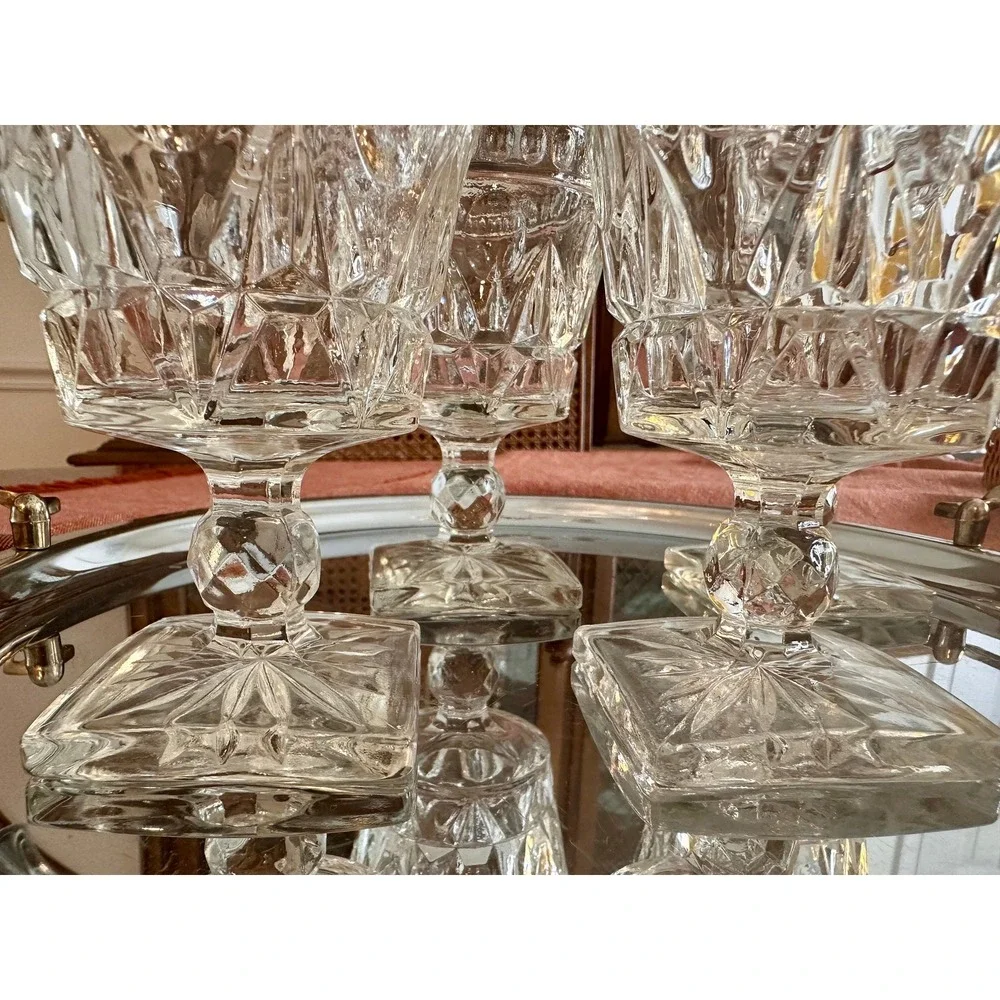 Vintage Pressed Glass Cordial Glasses Set 4 Diamond Thumbprint Square Base Clear